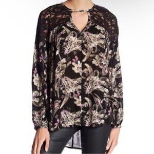 Melrose and Market Floral Blouse Sz.L Black Lace Cutouts Keyhole Whimsigoth Boho